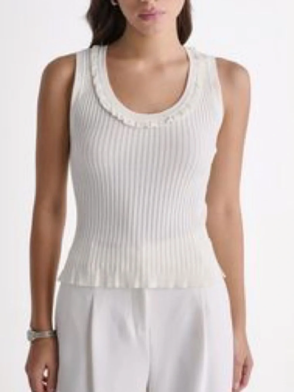 Michael Lauren Cream Ribbed Ruffle-Trim Tank Top Small